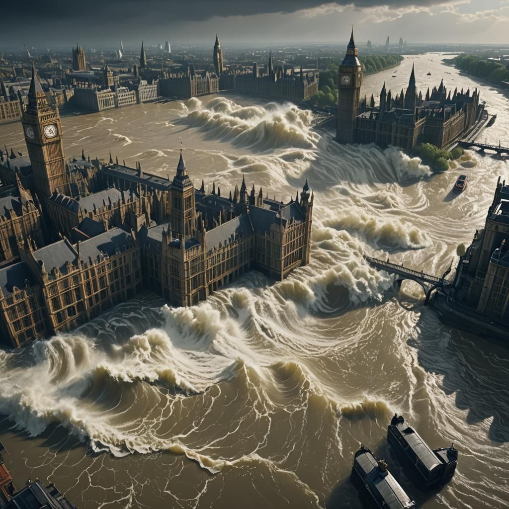 London Thames Flood with Big Waves: Detailed Matte Painting