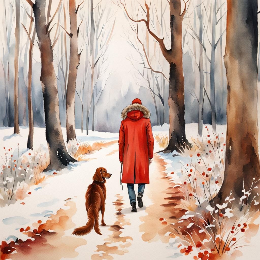 Winter Wood Walk with Red Setter in Watercolor
