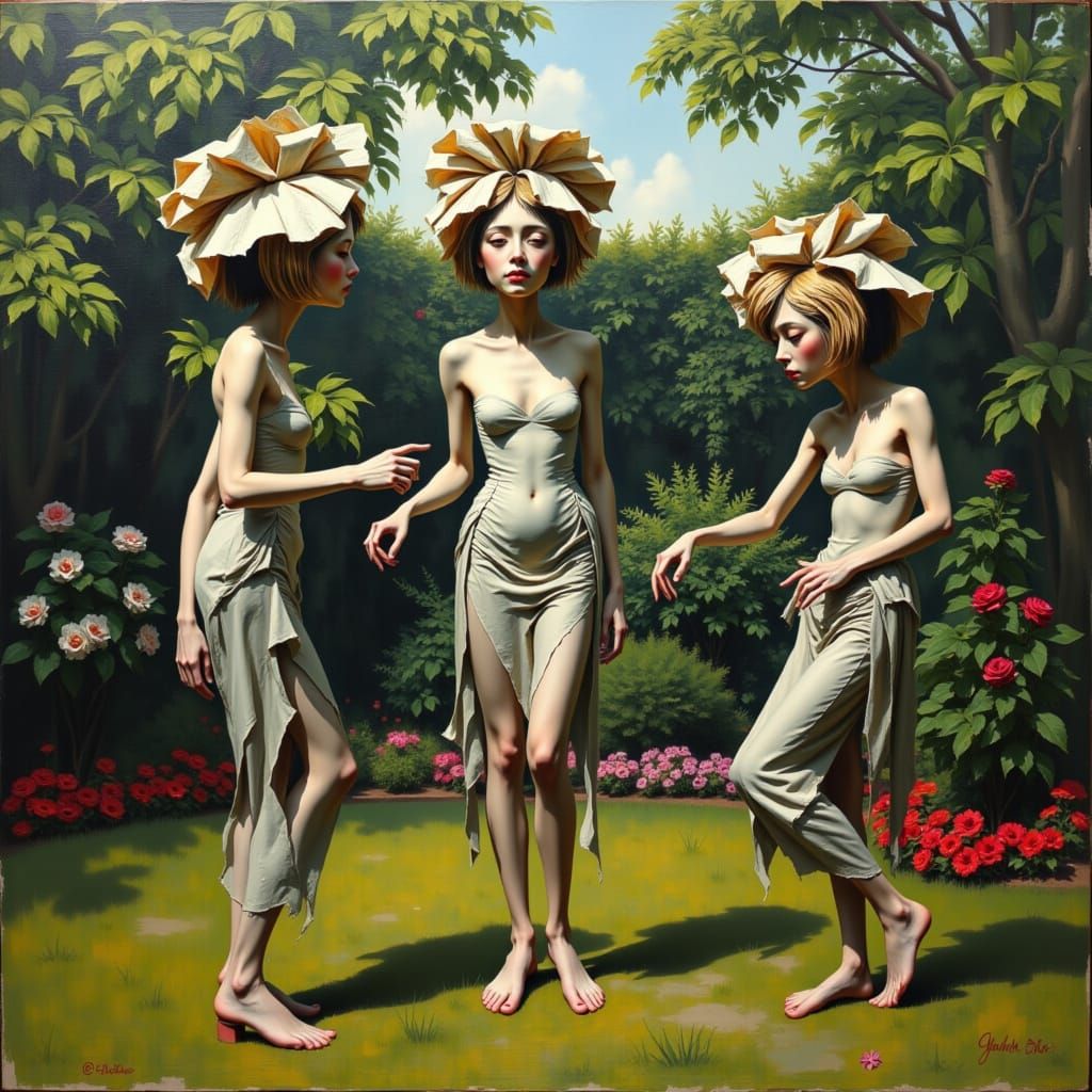 Three people dancing in a garden <lora:Contexture Awkward:1.0>