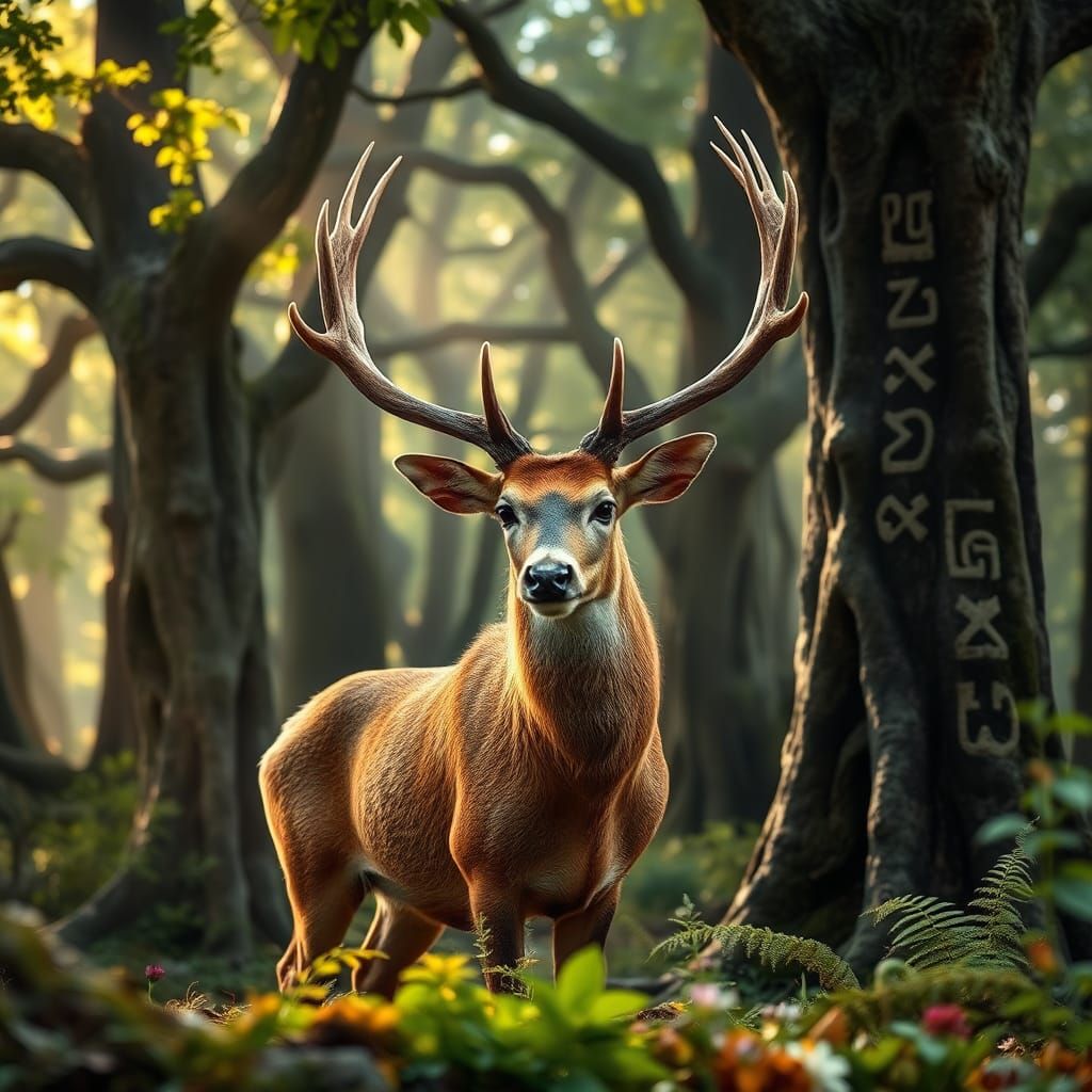 Regal Stag Amidst Celtic Runes Pines