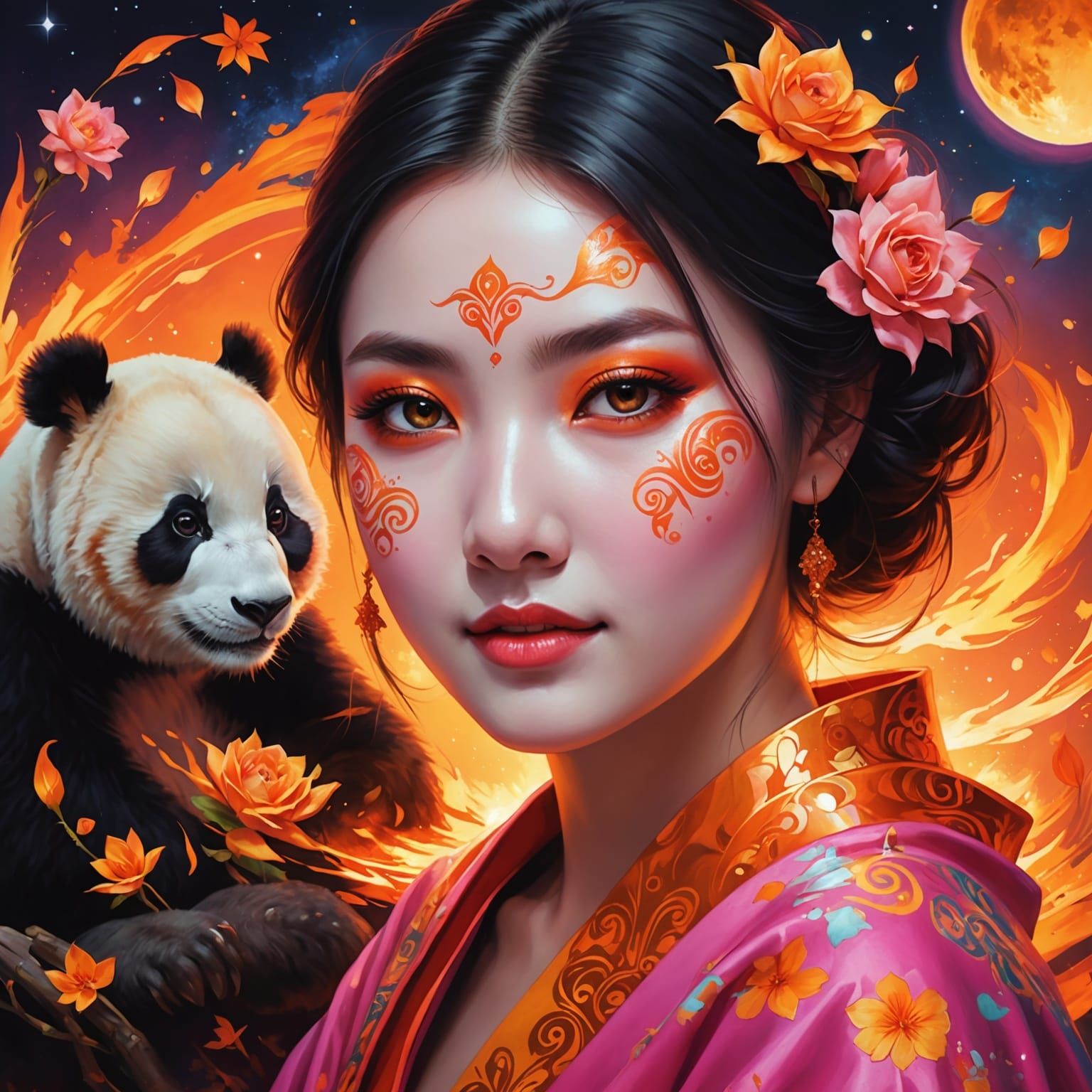 Geishas with Star Tattoos in Fiery Landscape