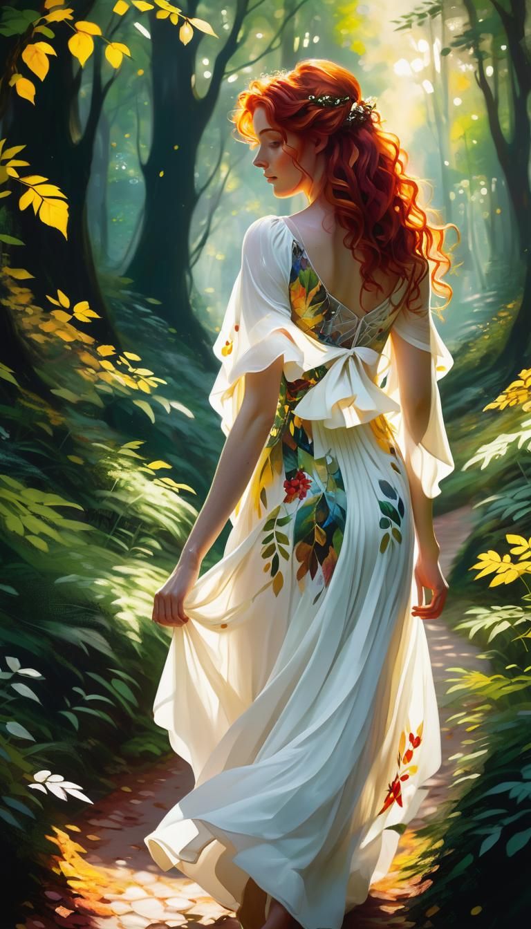Red-Haired Girl Leads the Way Through Ethereal Forest