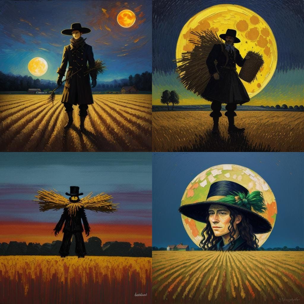 Halloween Scarecrow Under Harvest Moon: Expressionist Oil Pa...
