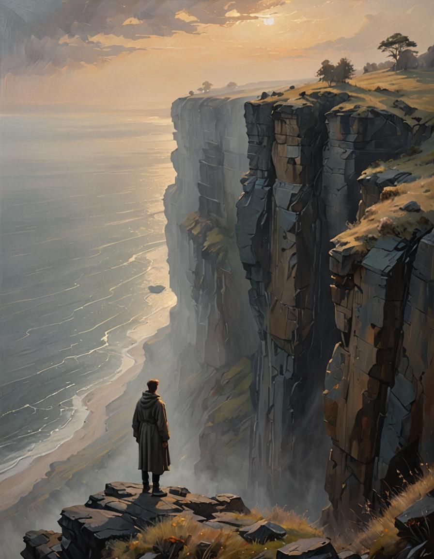 Ethereal Figure on Desolate Cliffside: An Oil Painting