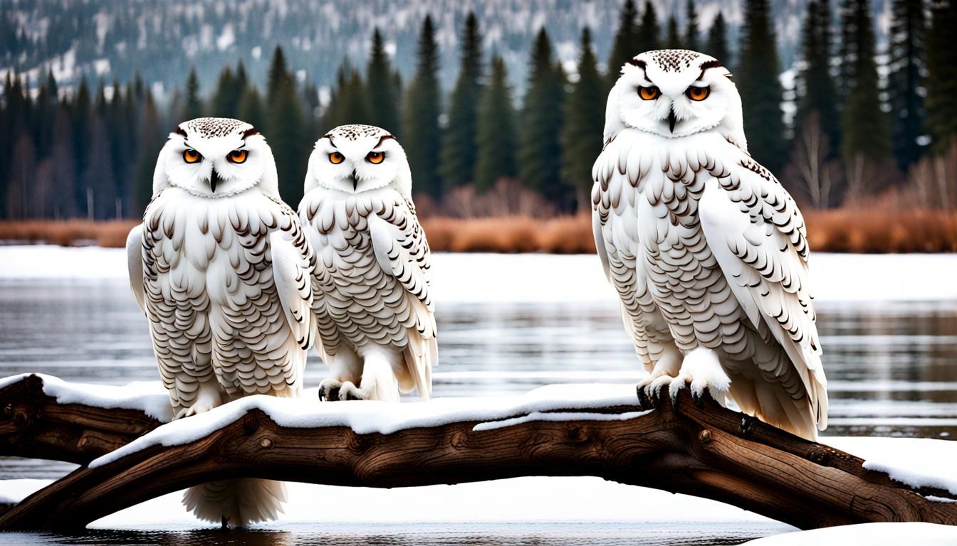 Snow Owls by a Snowy River in Winter Forest