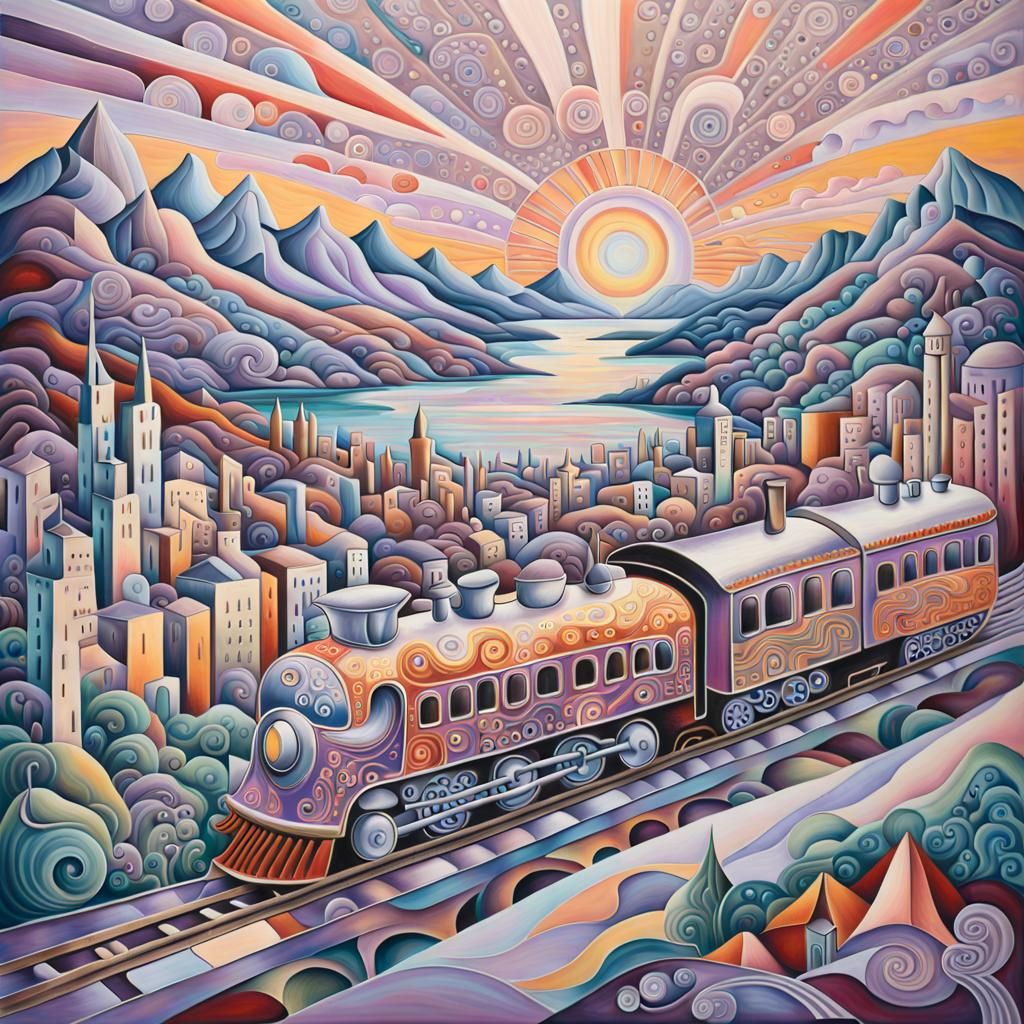 Surreal Abstract Cityscape Sunrise in Cubist Style