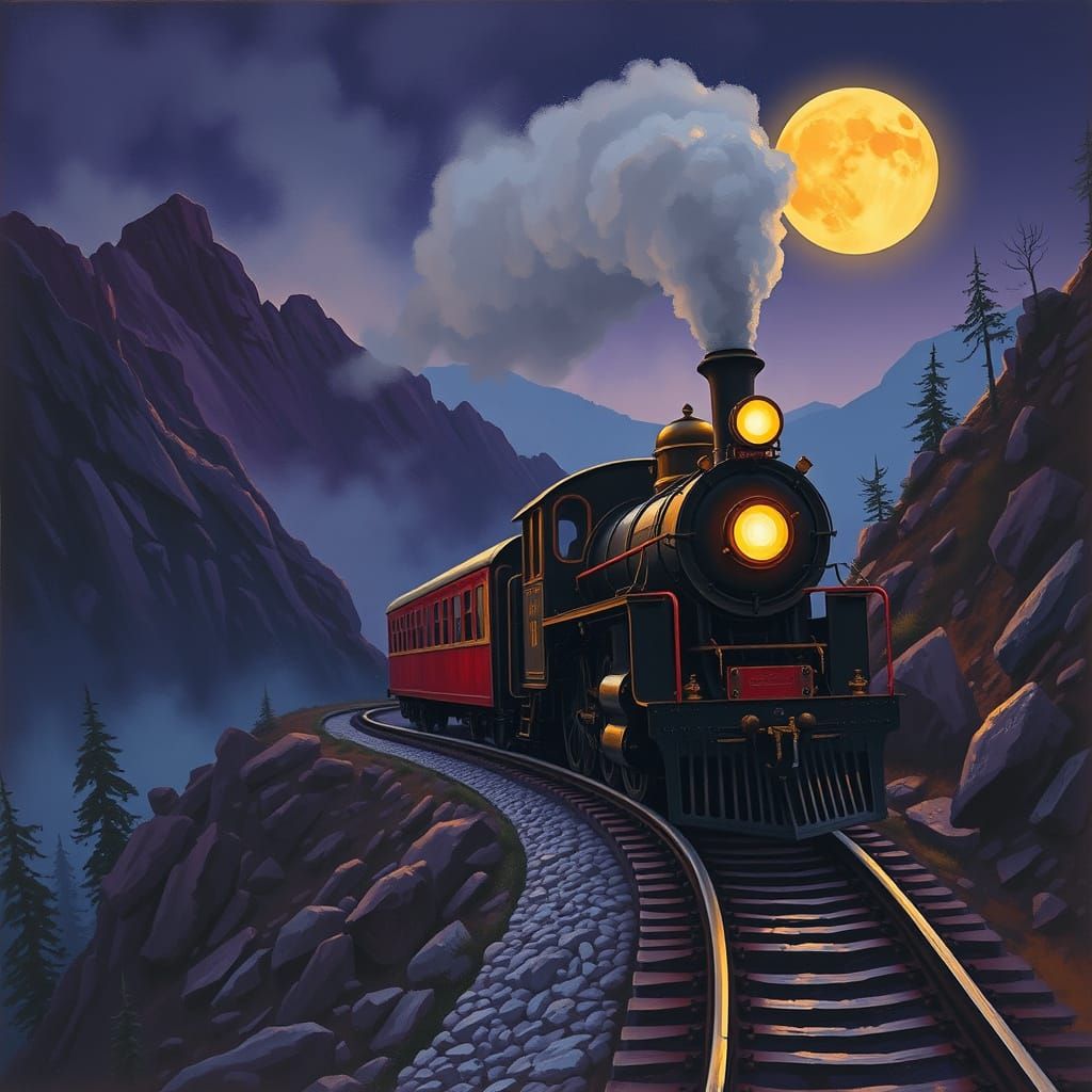 Vintage Steam Train Climbs Rocky Terrain in Moody, Atmospher...