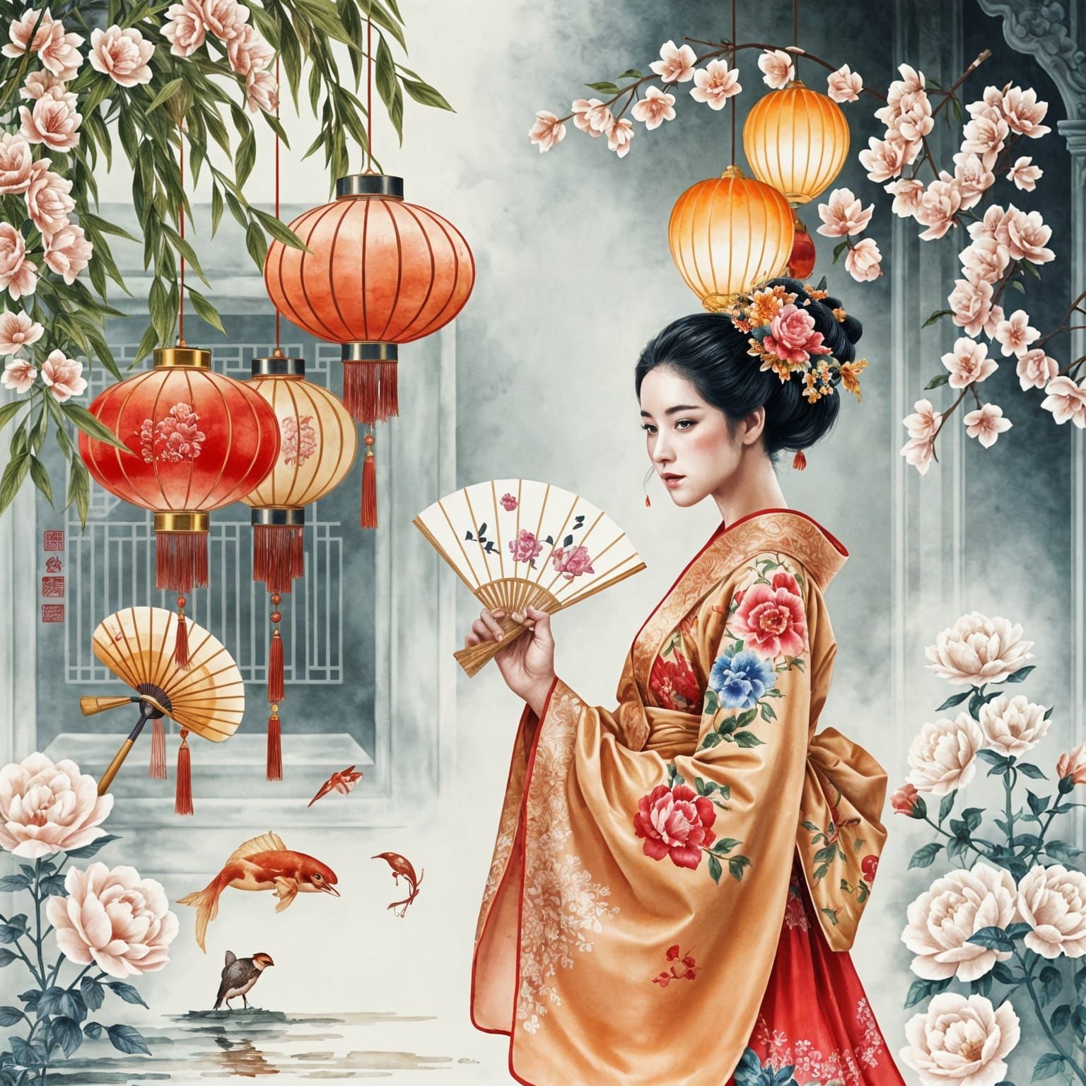 Chinese Miniature Painting with Fans and Colors