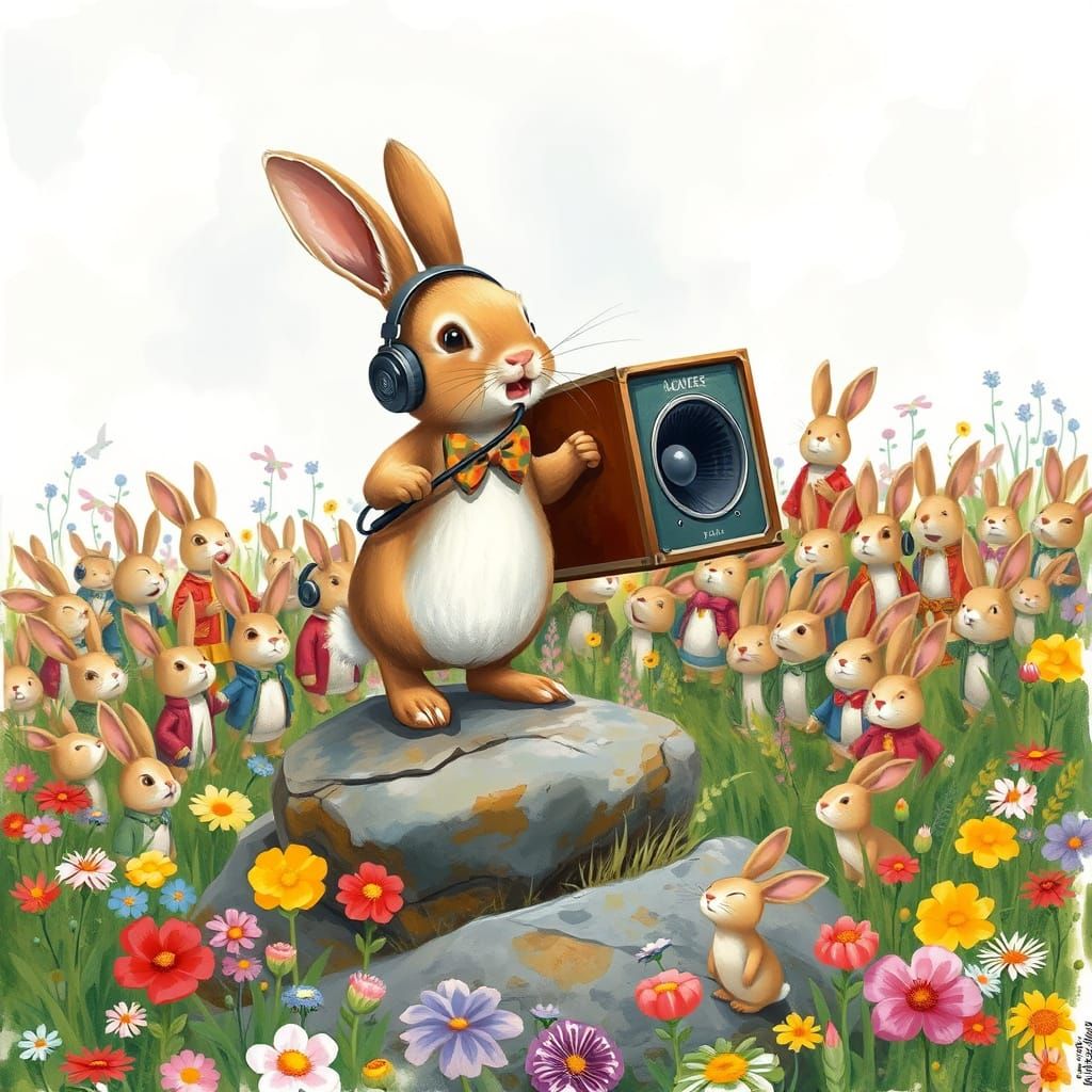 Rabbit Concert in a Flower Meadow, Whimsical Style