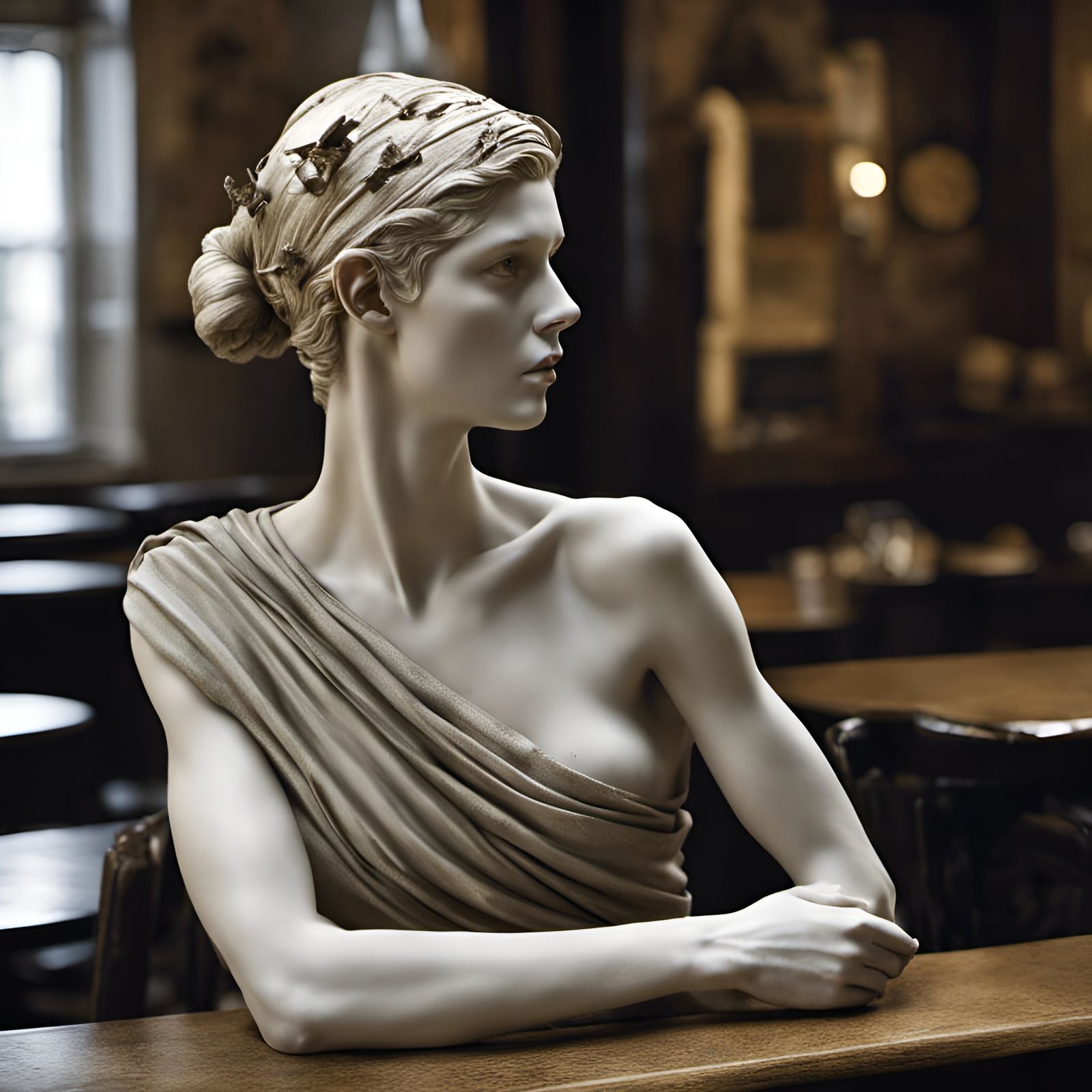 Greek Marble Sculpture in Restaurant, Fantastic Realism