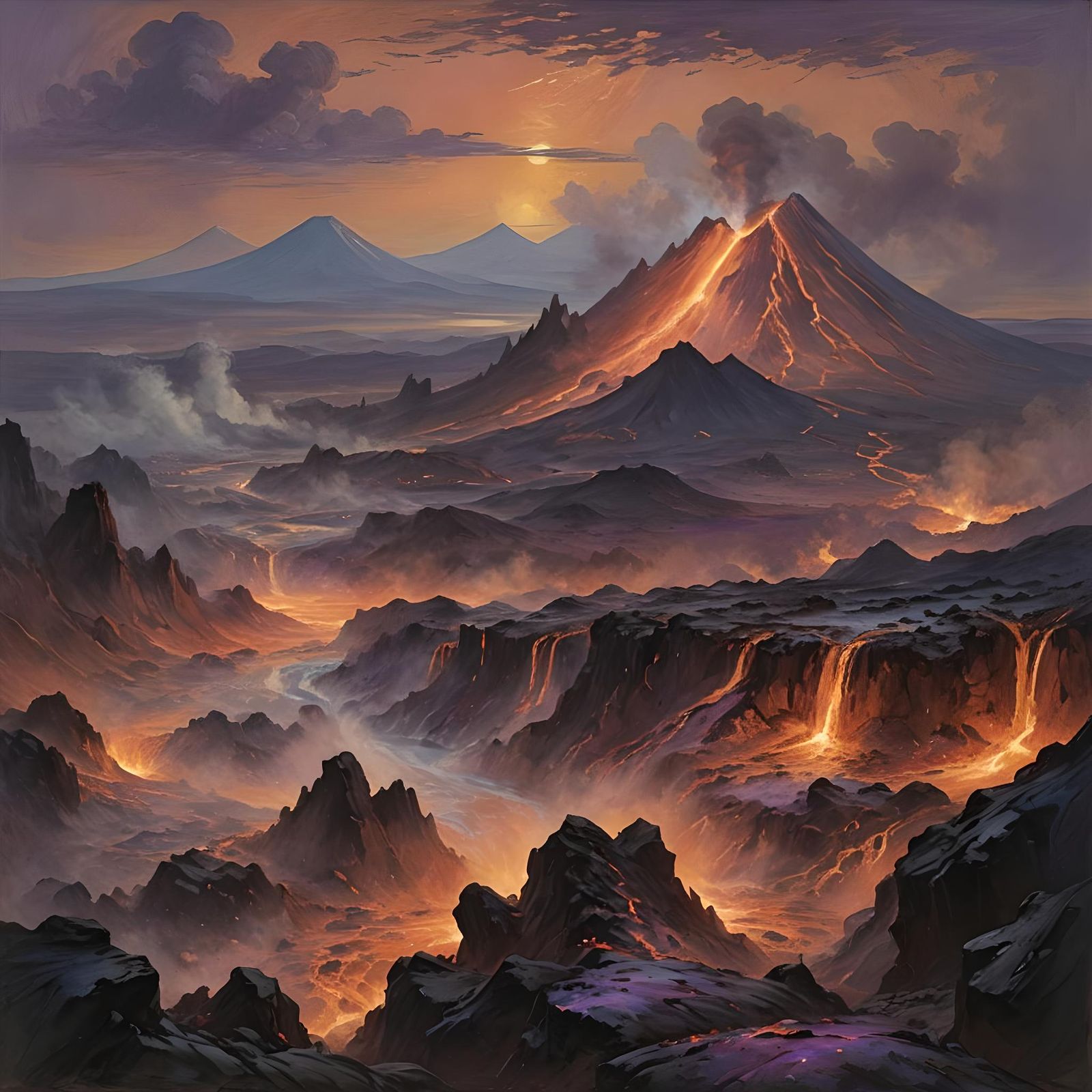 Volcano Eruption at Dusk: An Impressionistic Landscape