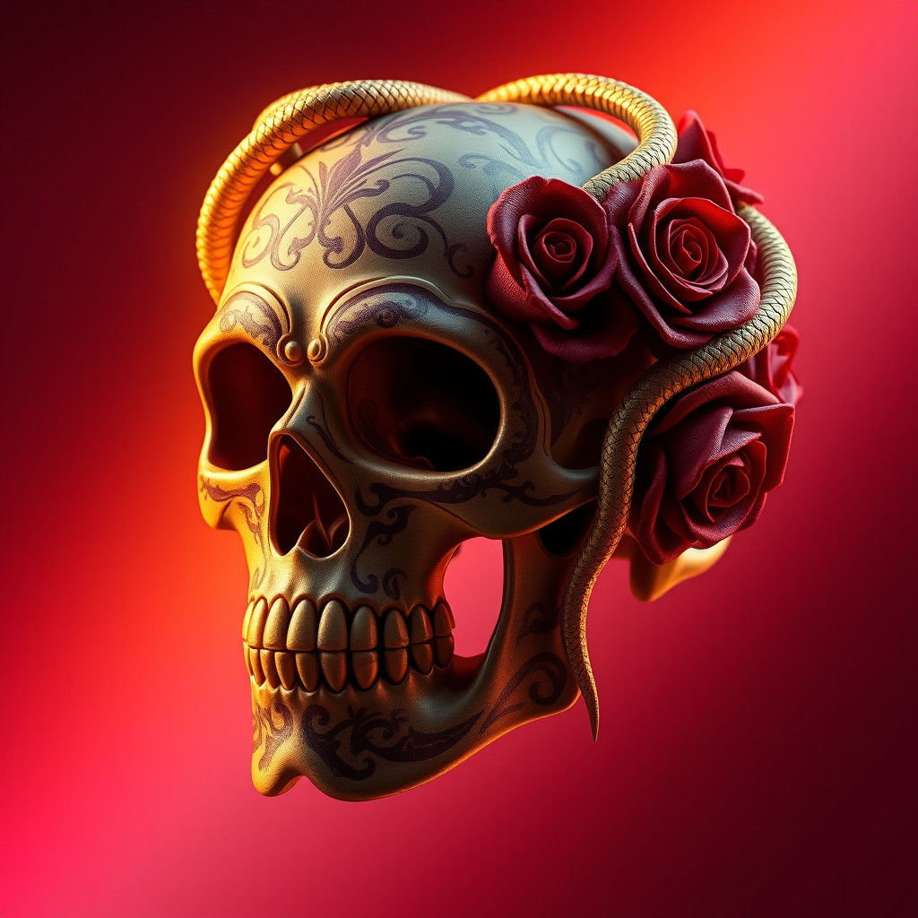 Ornate Sugar Skull with Roses and Serpents