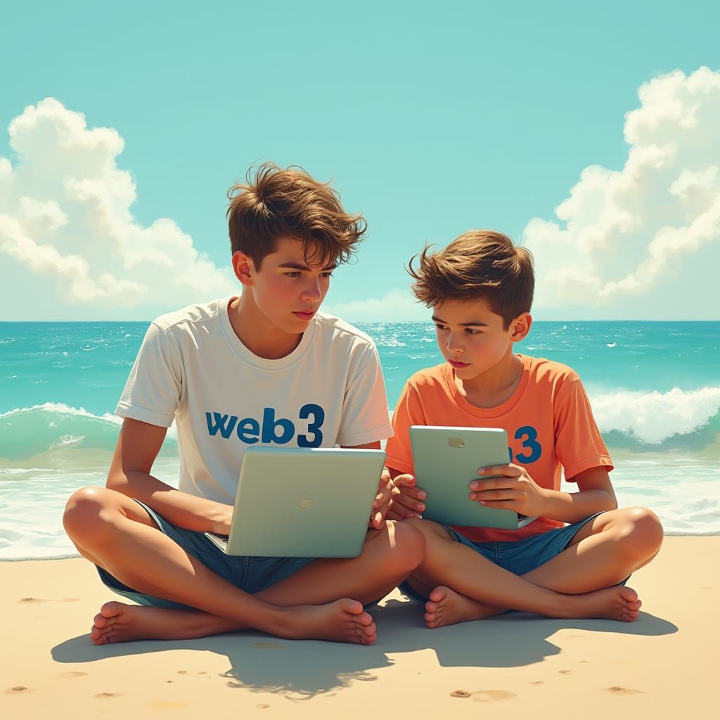 Two Brothers Work and Play on a Sun-Kissed Beach in Cyberpun...