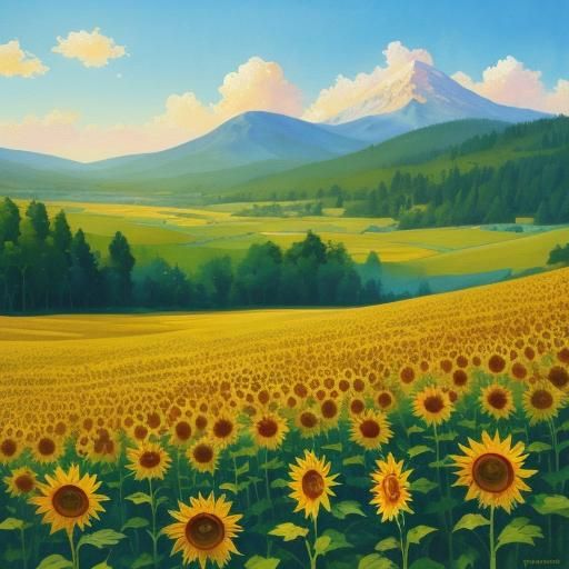 Sunflower Meadow in Gouache Impressionist Style