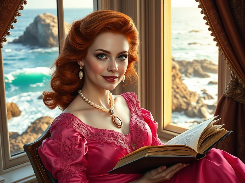 Elegant Victorian Lady in Lavish Pink Gown Contemplating Oce...