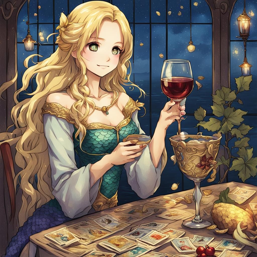 Blonde Mermaid with Wine: Anime Tarot Card