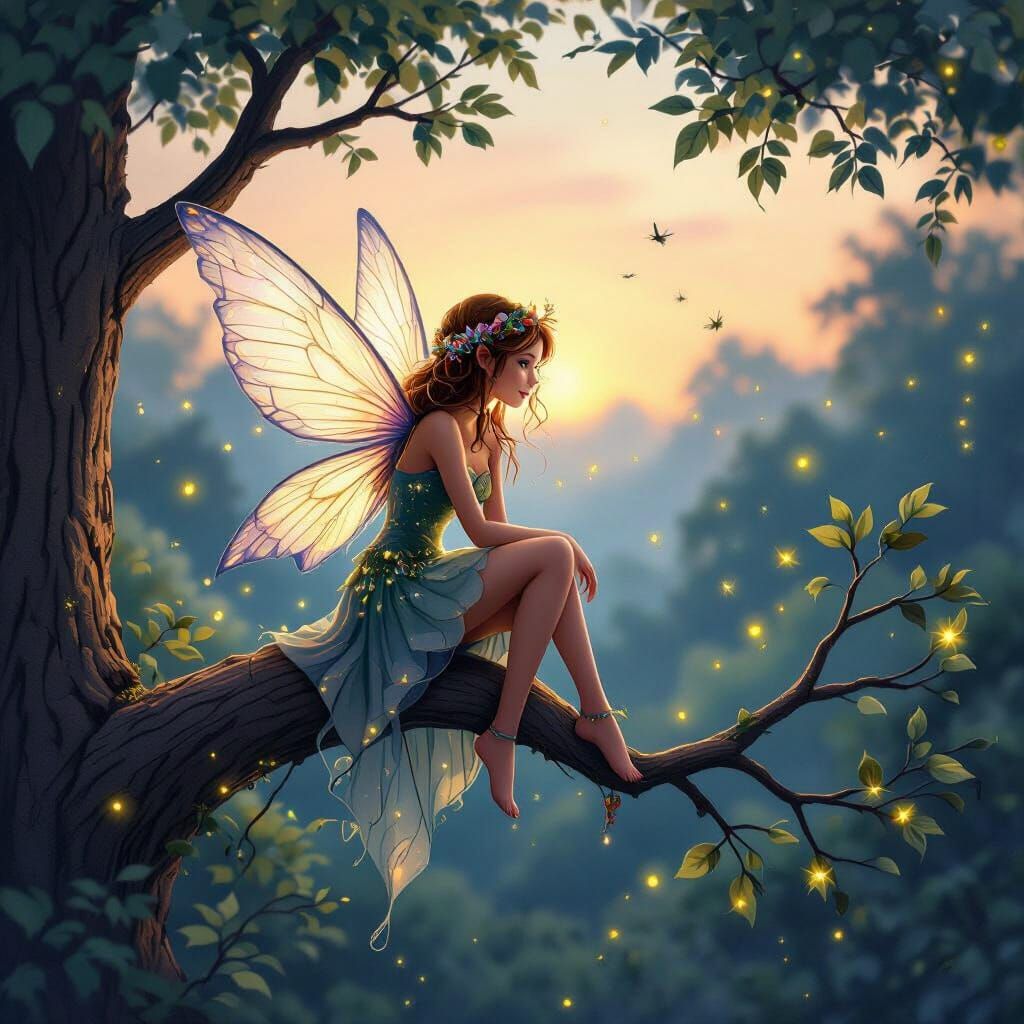 Whimsical Fairy with Fireflies at Twilight