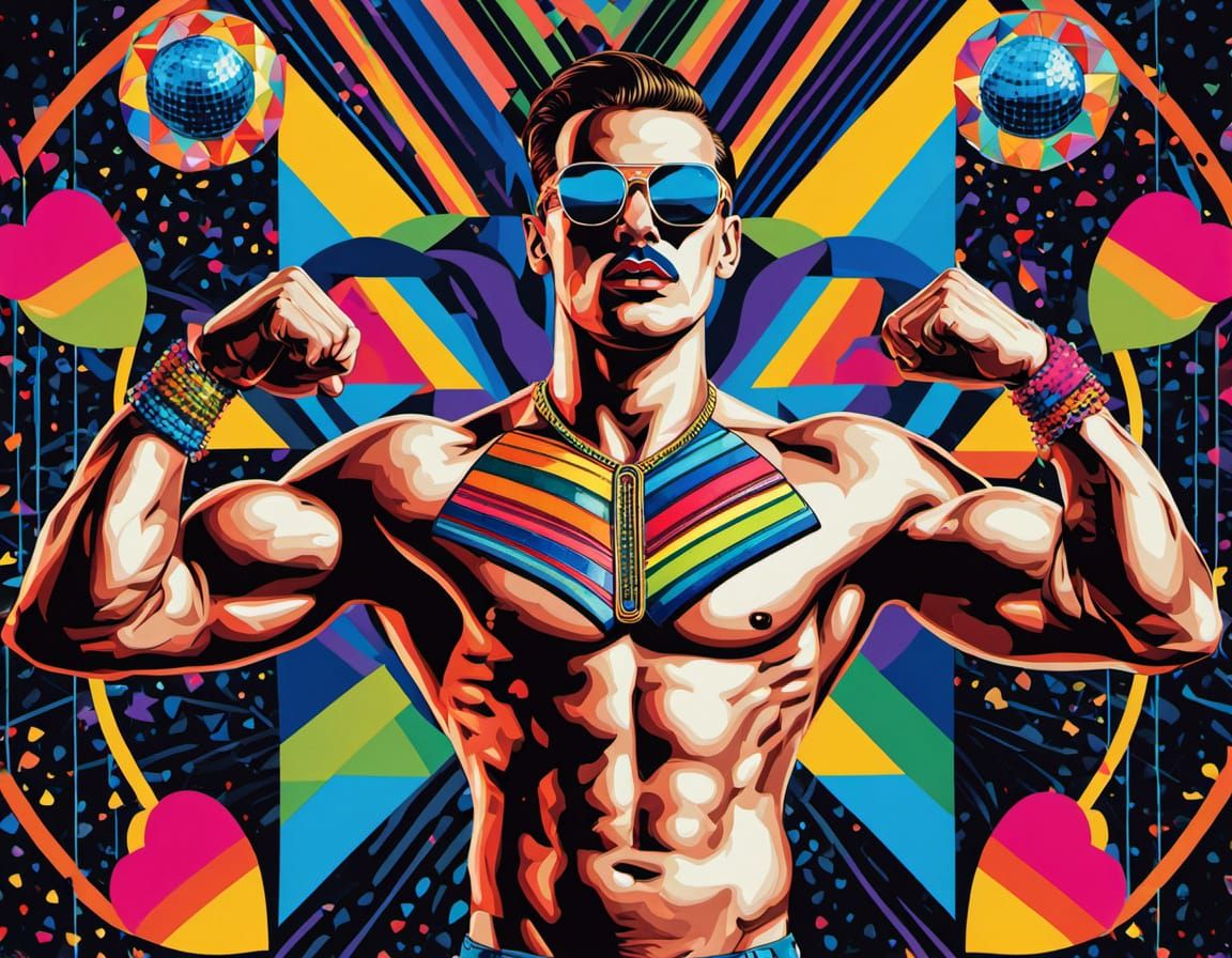 Pop Art Man Flexing Biceps with Rainbows and Hearts