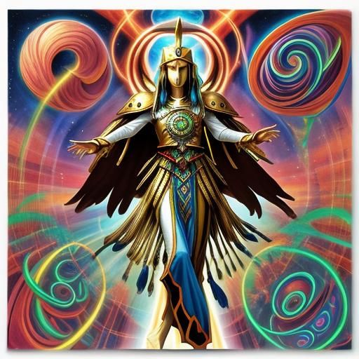 Holographic Sumerian Priestess in Cosmic Scene