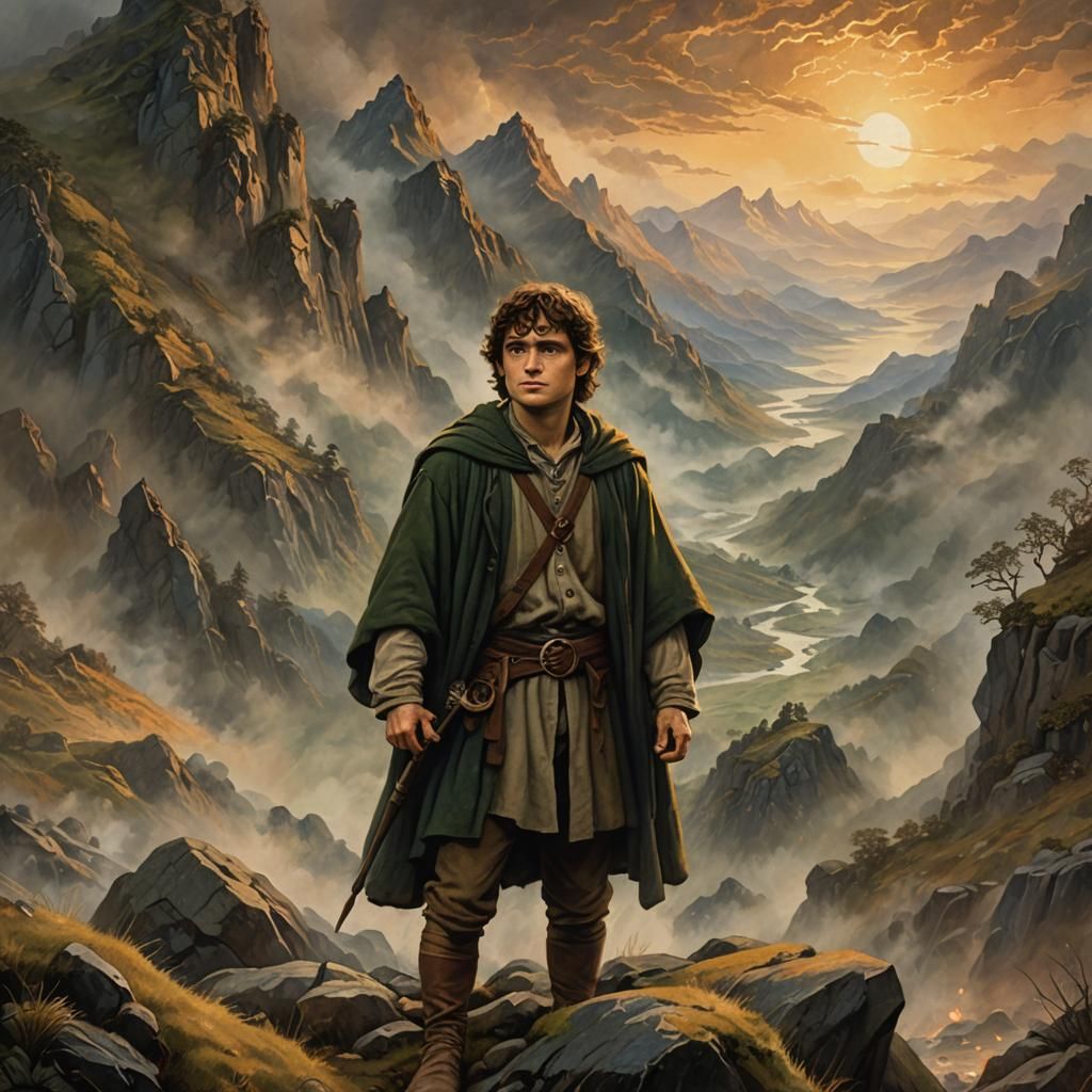 Frodo in Misty Mountains: Oil Painting at Dusk