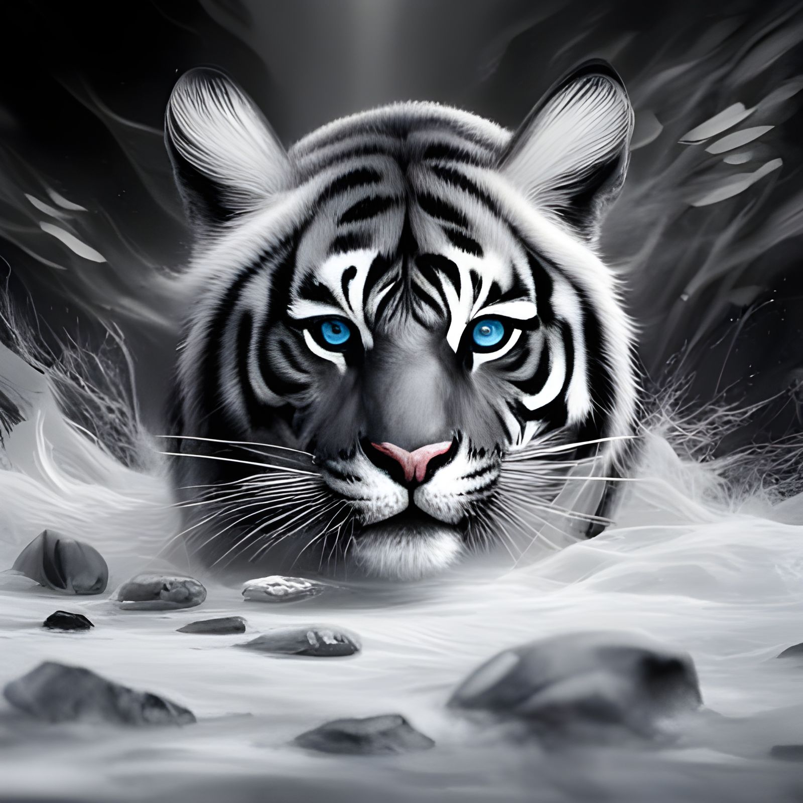 Monochrome Tiger with Blue Eyes Eating Meat