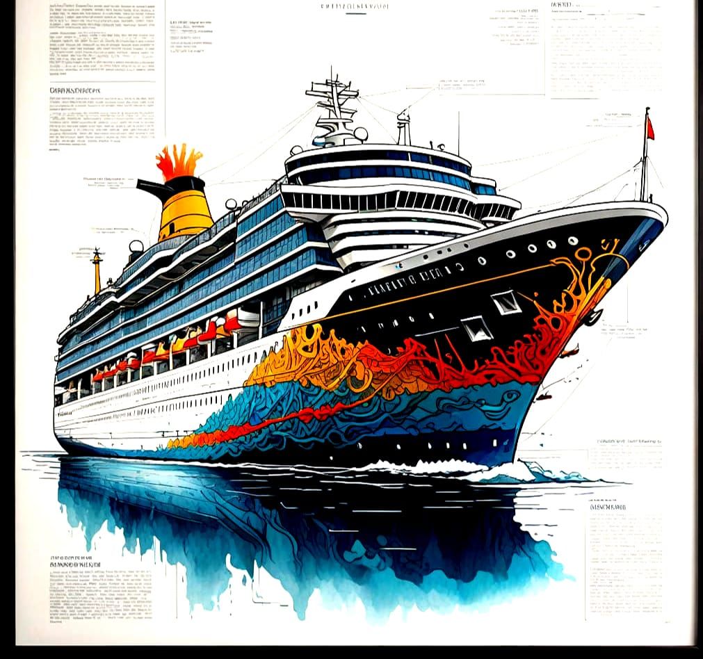 Vibrant Anatomical Cruise Ship in Hyperdetailed Illustration...
