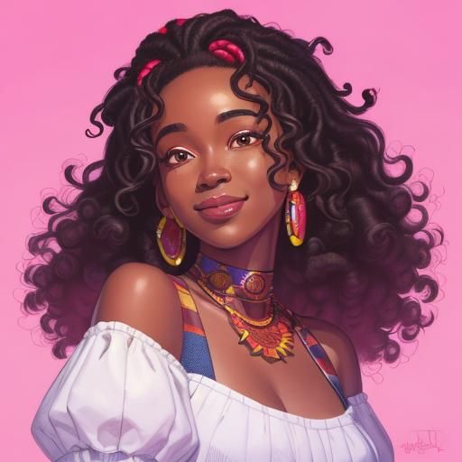 Cartoon Portrait of Girl with Afro Puffs in Comic Art