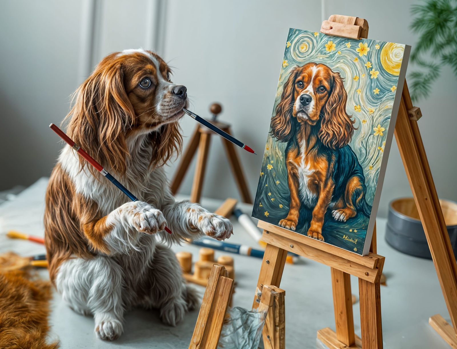 Cavalier King Charles Spaniel Painting a Portrait in Van Gog...