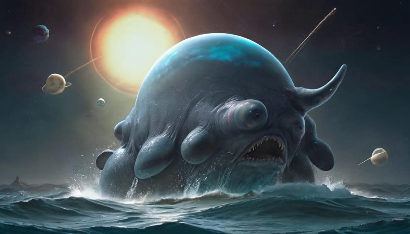 Whimsical Whale-Tardigrade Hybrid in Tidal Ocean