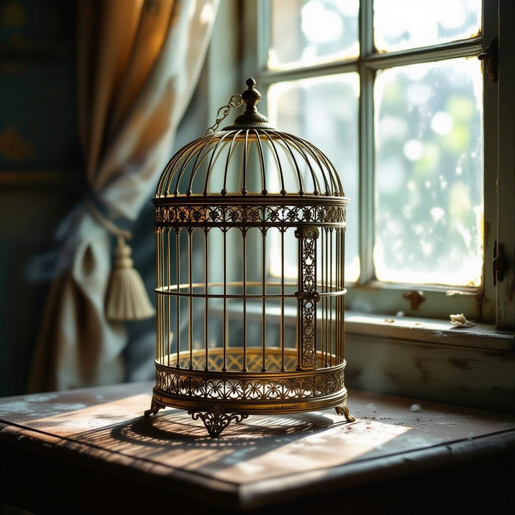 Ornate Antique Birdcage on Dusty Table