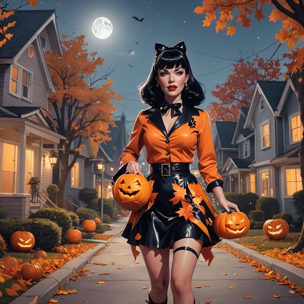 Bettie Page Trick-or-Treating in Anime Style