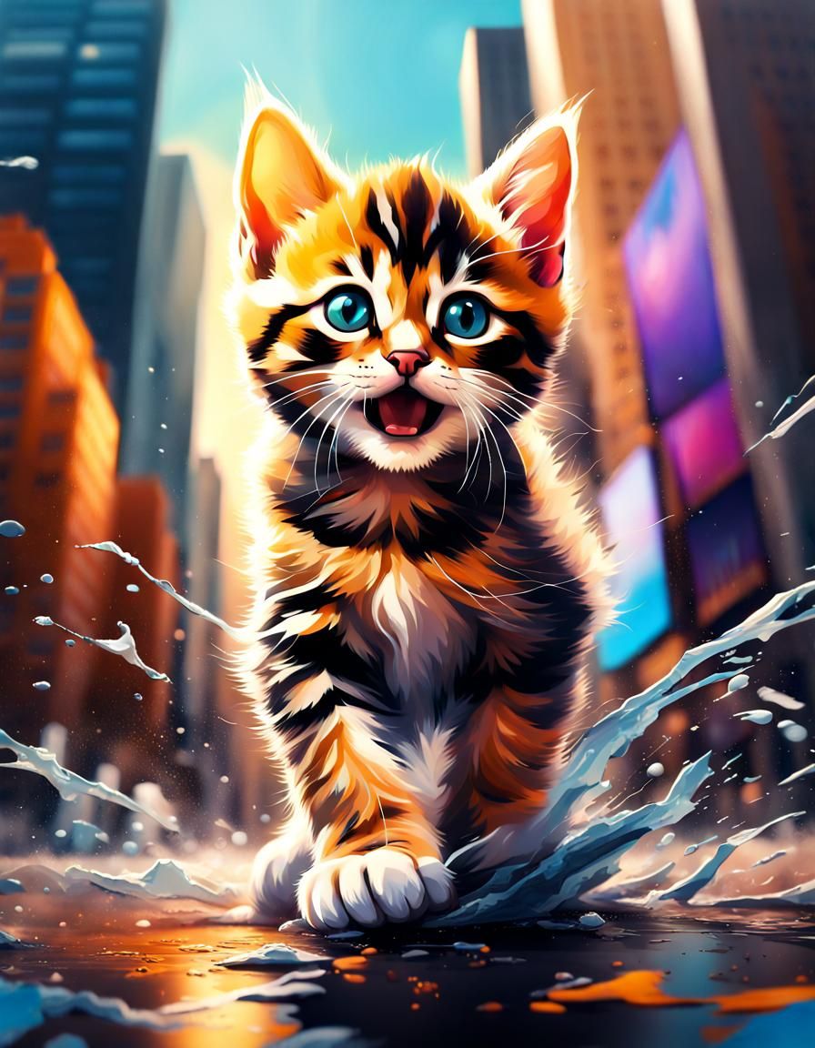 Giant Kitten Attacks City: Hyperrealistic Splash Art