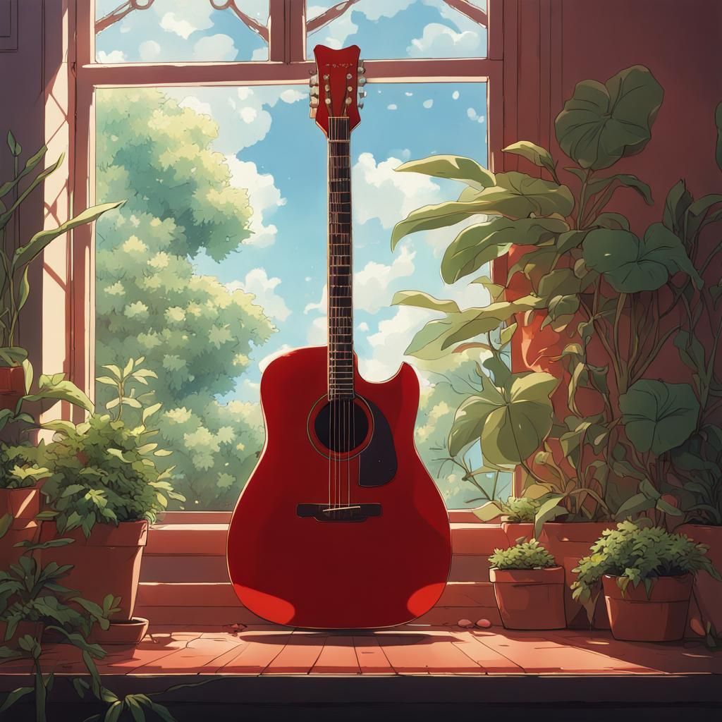 Red Guitar in Anime Style Studio