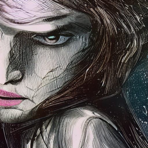 Surreal Ink Portrait of a Young Woman in a Dreamy Atmosphere