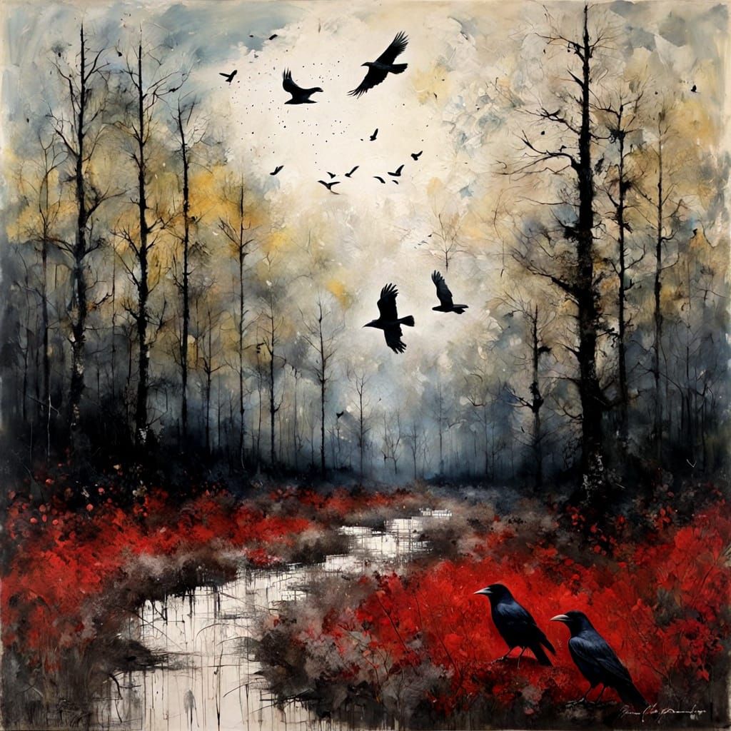 Crows Guarding Forest: Expressionist Impasto Painting