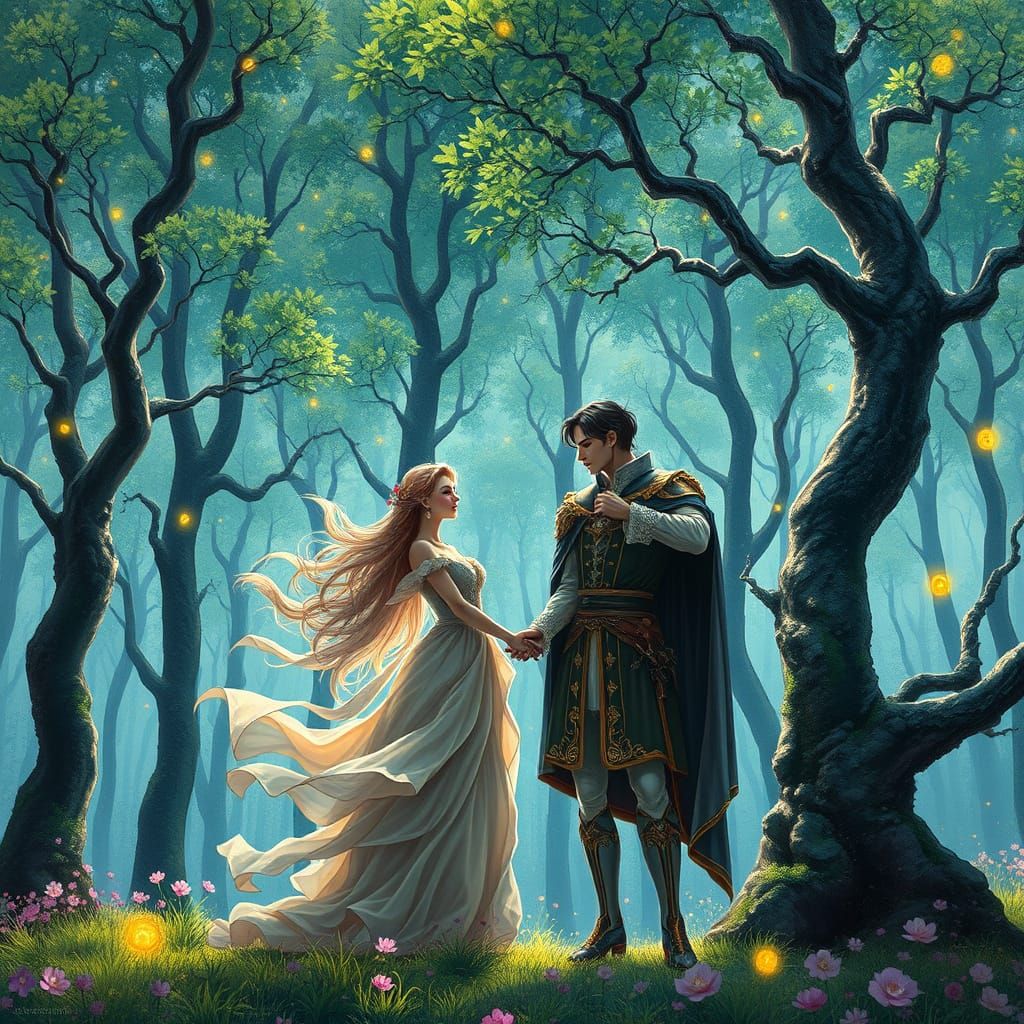 Surreal Anime Landscape of Enchanted Forest and Lovers