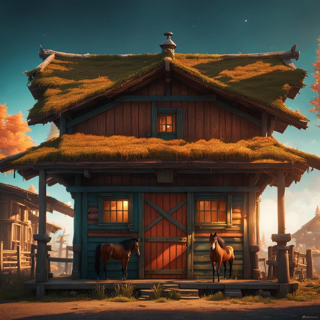 Ramshackle House and Stable, Detailed Digital Art
