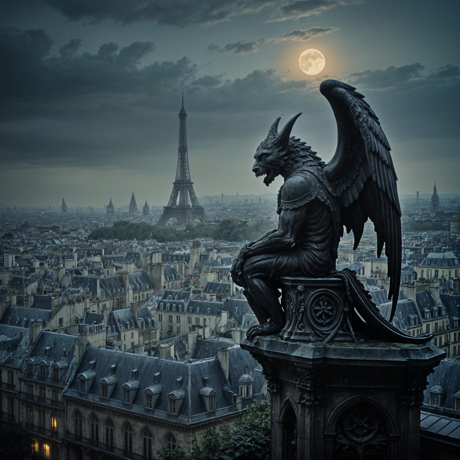 Gothic Gargoyle Awakens Amidst Parisian Moonlight