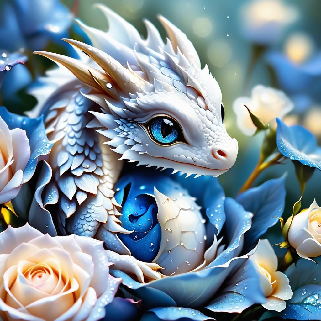 Whimsical fairy tale illustration, tight close-up, a tiny white baby dragon with large eyes curled up inside a blue rose...