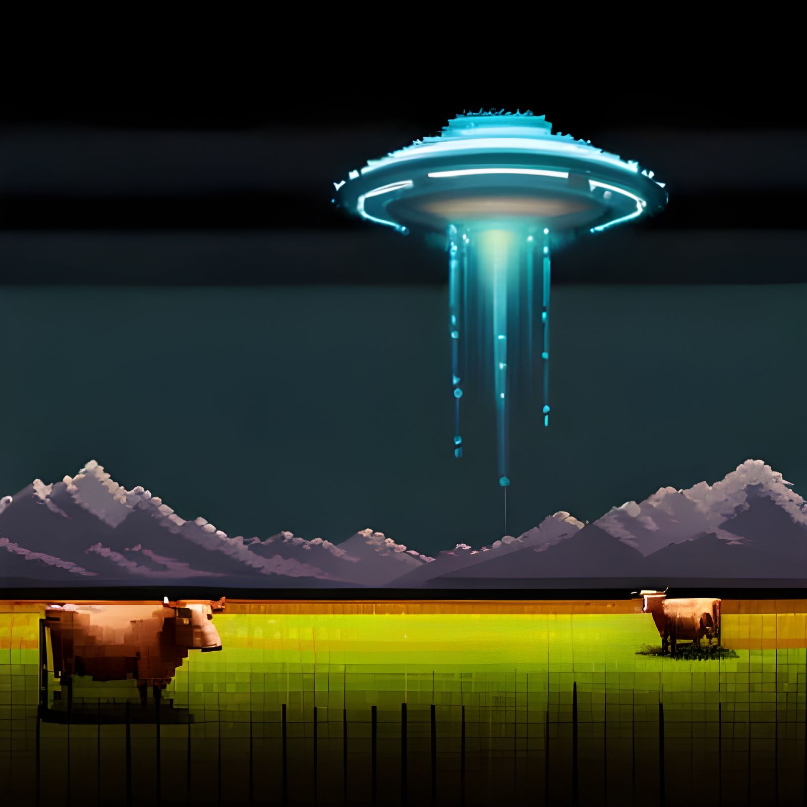 Pixelated UFO Abducting Cow in 8-Bit Style