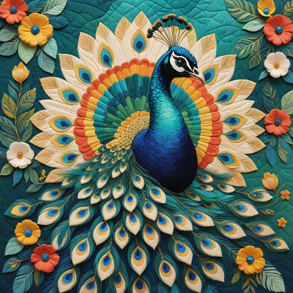 Whimsical Folk Art Quilt with Vibrant Peacock Feathers