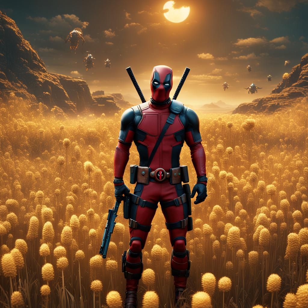 Deadpool Surrounded by Cyborgs in Golden Field