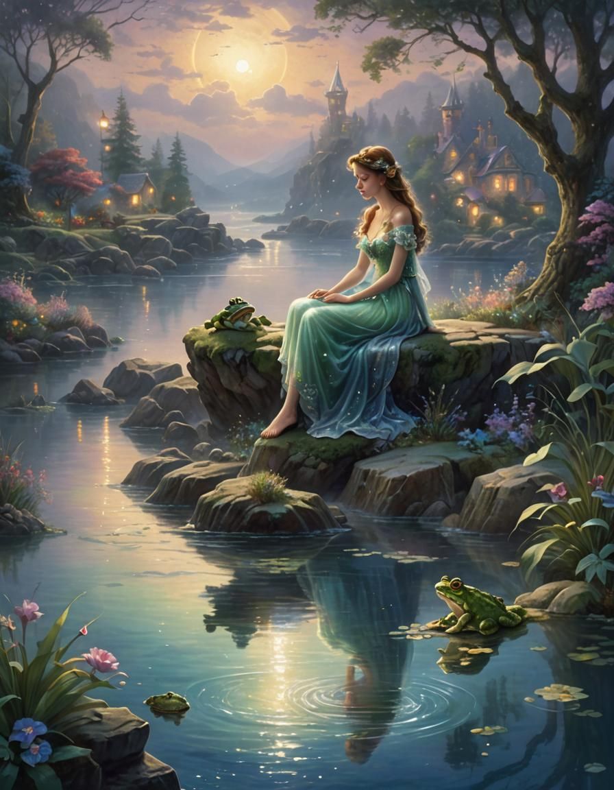 Mermaid Watching Frog in Ethereal Fantasy Illustration