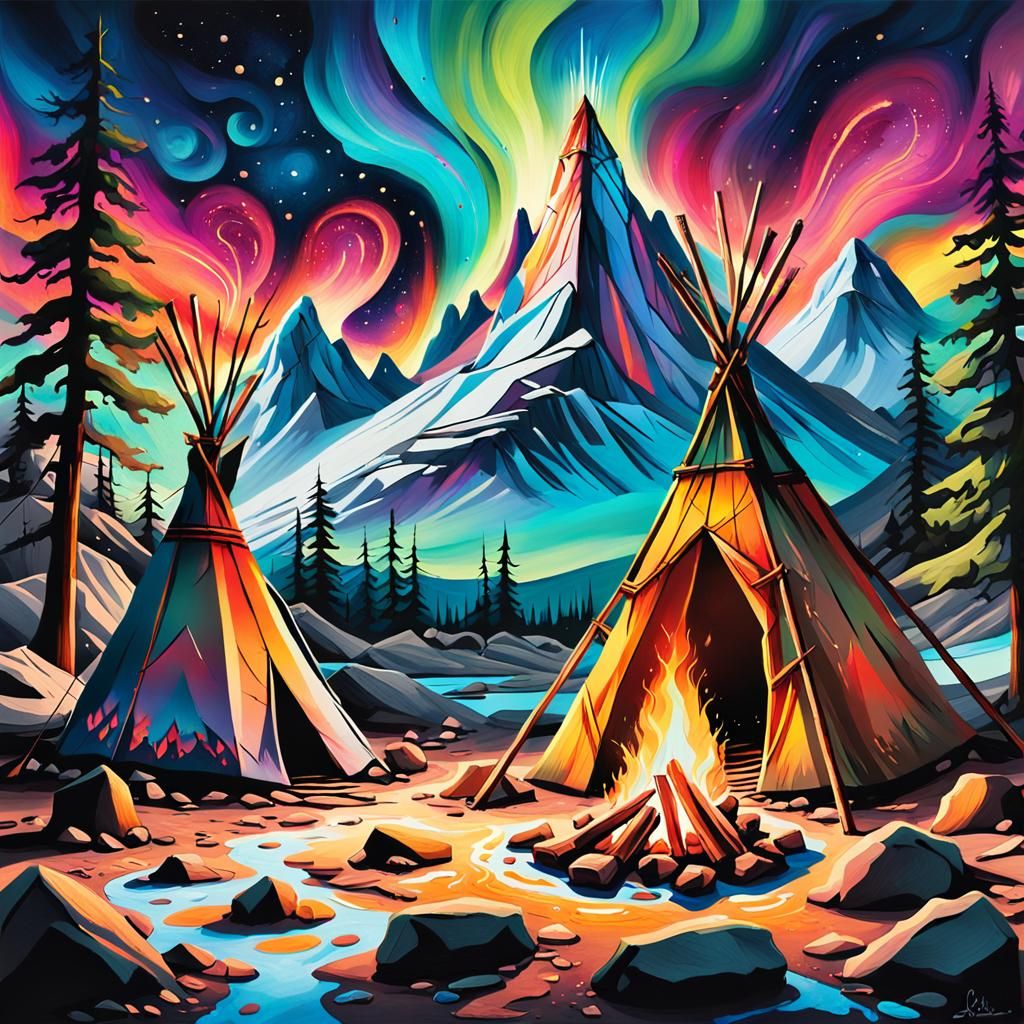 Aurora Borealis Graffiti Art Campfire Scene