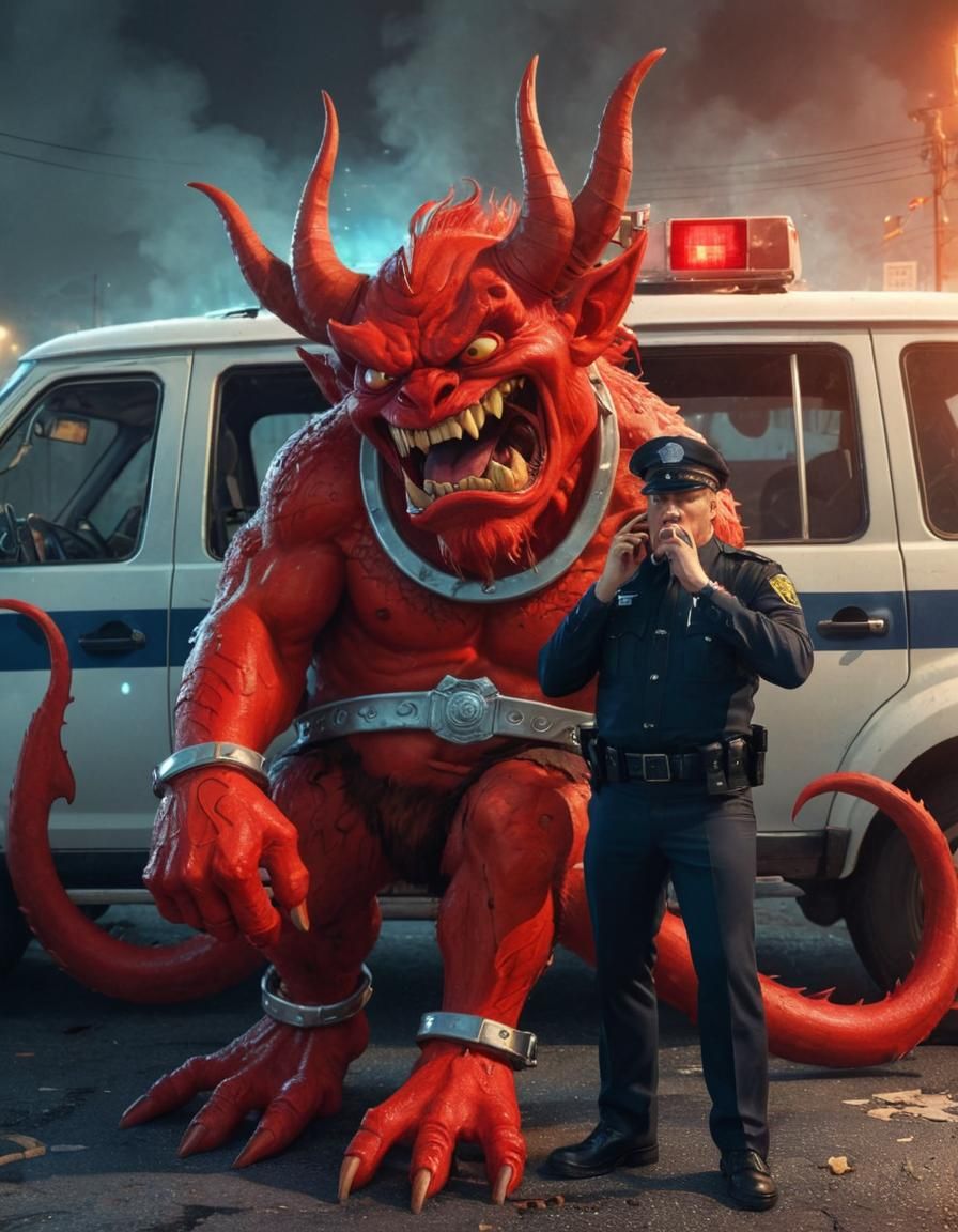 Cartoon Devil Arrest: Pop Art Fantasy Scene