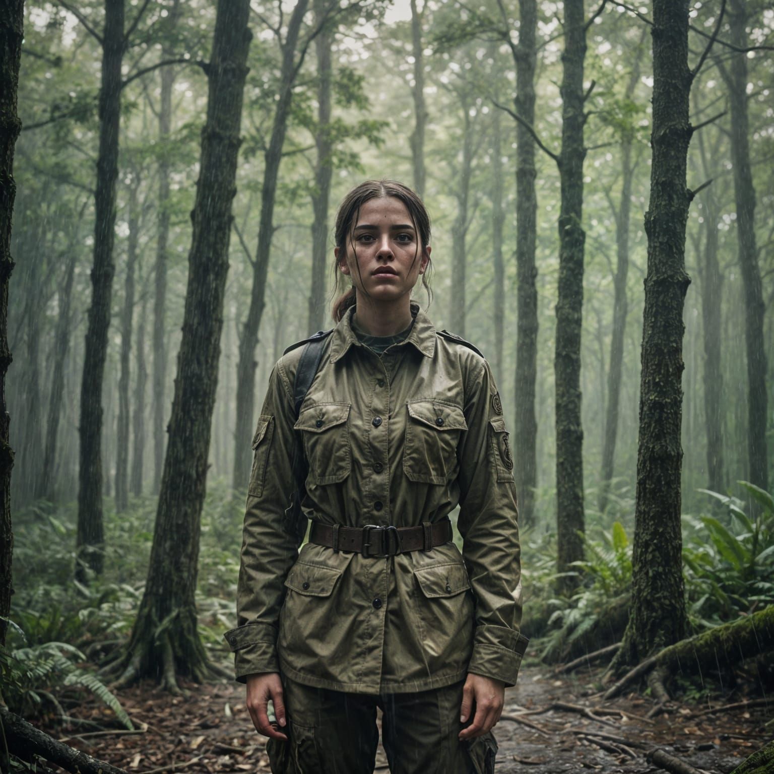 Cinematic Film Still of a Rambo Girl in Woods