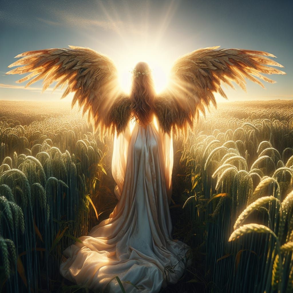 Harvest Angel Awakens in Golden Wheat Field
