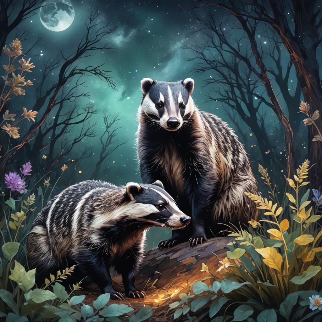 Enchanting Moonlit Badger Family: Cosmic Illustration