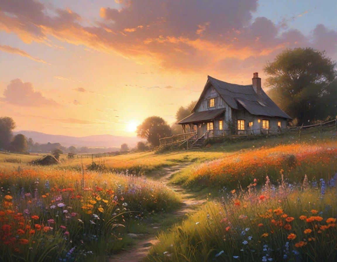 Charming Cottage in Wildflower Meadow at Sunset
