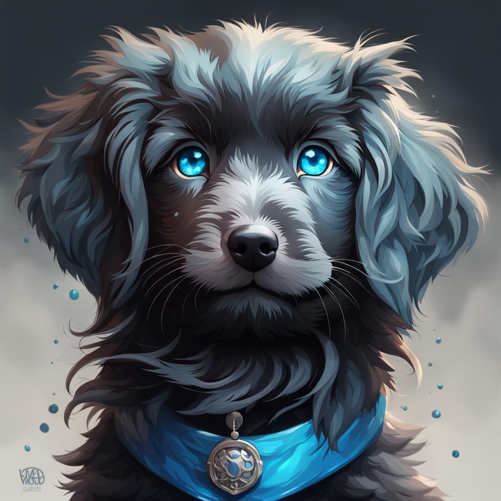 Black Fur Puppy Portrait in Hyperdetailed Style
